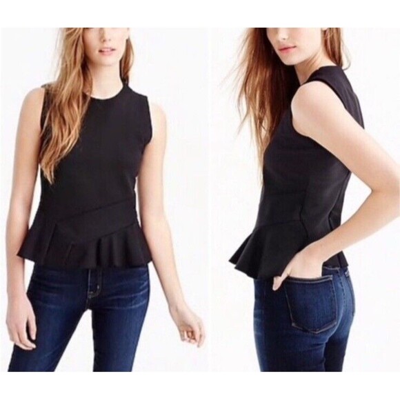 J Crew Black Structured Flutter Hem Asymmetrical Sleeveless Peplum Top Size S - Picture 1 of 10